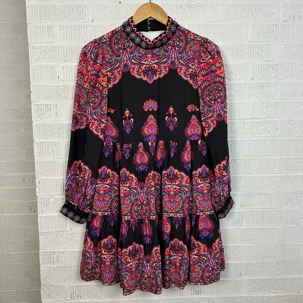 Anthropologie Black Pink Mini Beaded Lace Boho Dress